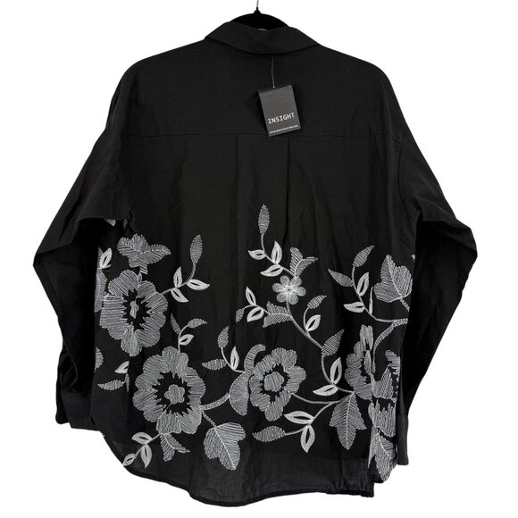 Insight Black Long-Sleeve Shirt With White Floral Embroidery Button-Down , M - Picture 3 of 6